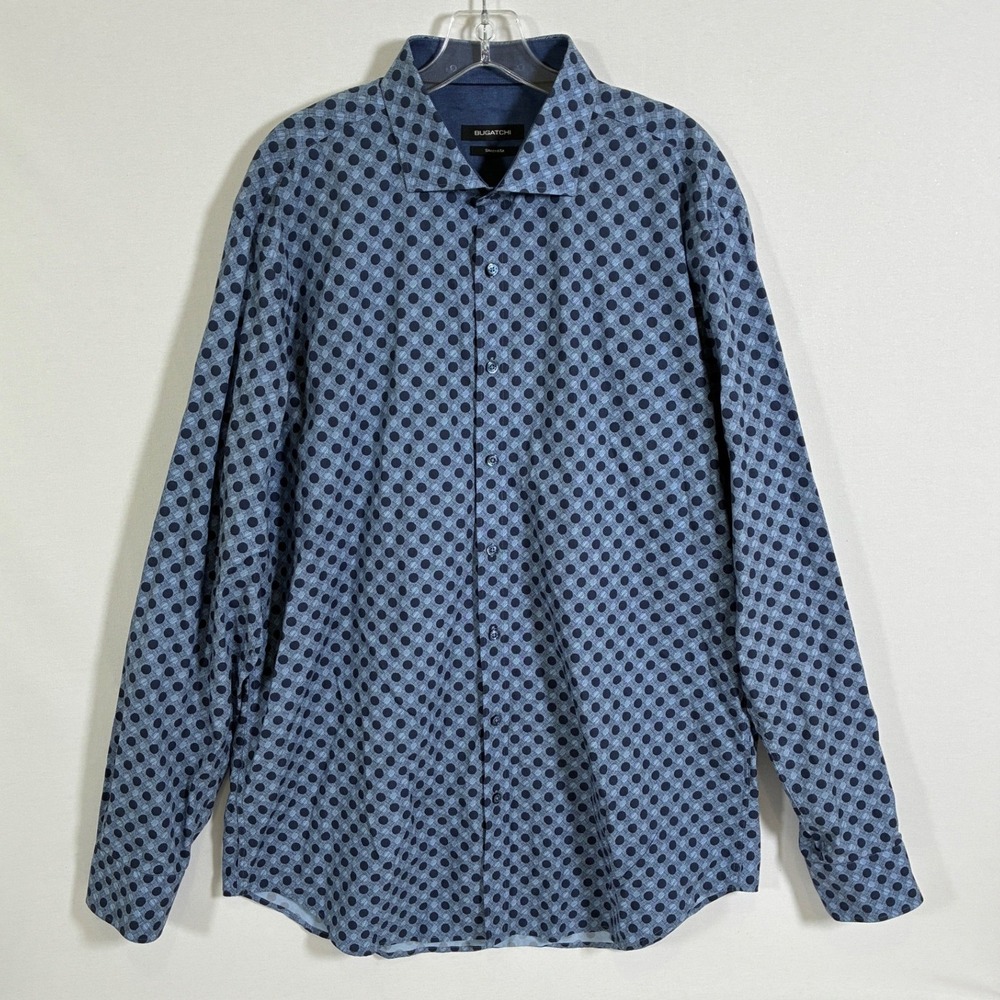 Bugatchi Mens Shaped Fit Blue Polka Dot Cotton Long Sleeve Button Down Shirt